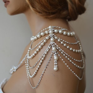 Wedding Shoulder Necklace, Pearl Shoulder Jewelry For Bridal, Crystal Wedding Dress Shoulder Necklace, Body Accessory For Wedding Dress image 2