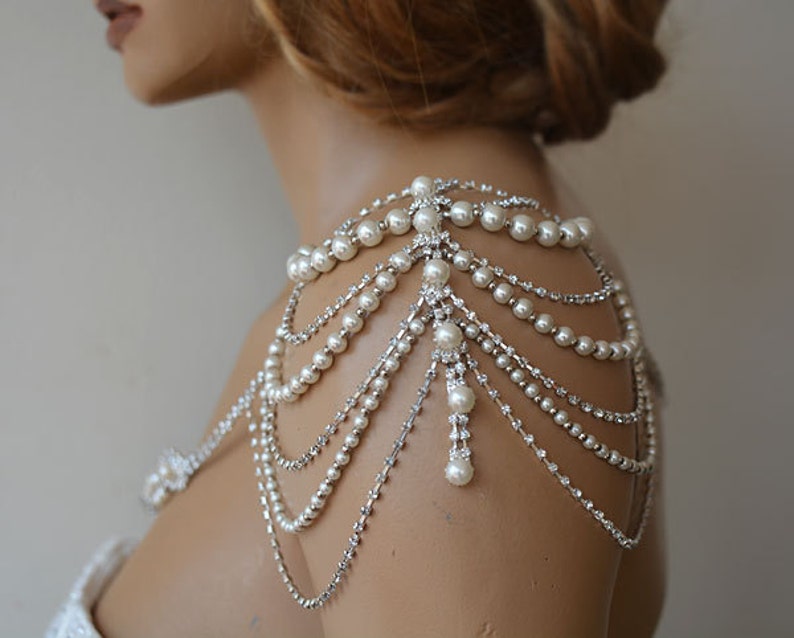 Wedding Shoulder Necklace, Pearl Shoulder Jewelry For Bridal, Crystal Wedding Dress Shoulder Necklace, Body Accessory For Wedding Dress image 2