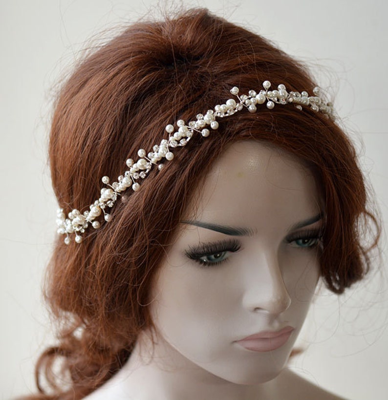 Pearl Wedding Headpiece for Bride, Rhinestone Bridal Hair Accessories 1920s image 1