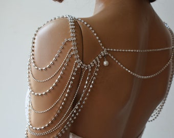 Shoulder Jewelry, Bridal Shoulder Necklace, Silver Rhinestone Wedding Shoulder Necklace, Wedding Dress Shoulder For Bride, Body Accessories