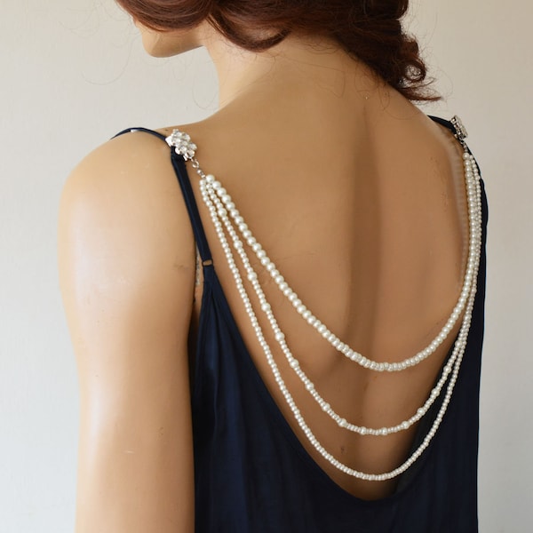 Perlenrücken-Schmuck, Hochzeit-Rücken-Drape-Halskette, Braut-Rücken-Halskette, rückenfreies Brautkleid, Hintergrund-Drape, Kleiderbefestigung, Braut