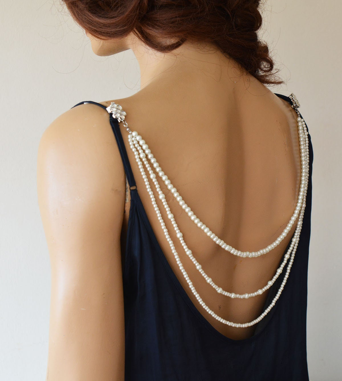 Delicate Modern Pearl Wedding Back Necklace