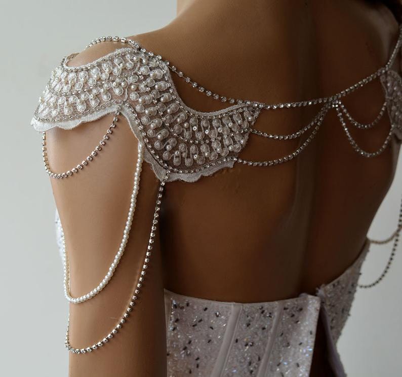 Lace Shoulder Necklace, wedding Shoulder Jewelry, Bridal Rhinestone Shoulder, Pearl Wedding Jewelry for Bride, Wedding Dress Body Jewelry image 10