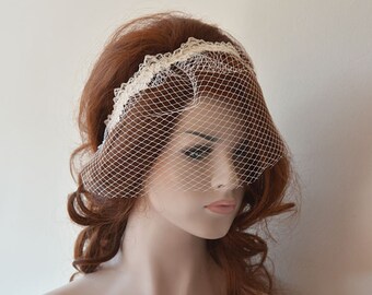 Bridal birdcage veil with lace, ıvory wedding veil, bridal birdcage headband, Wedding Hair Accessory, Bridal Hair Accessories