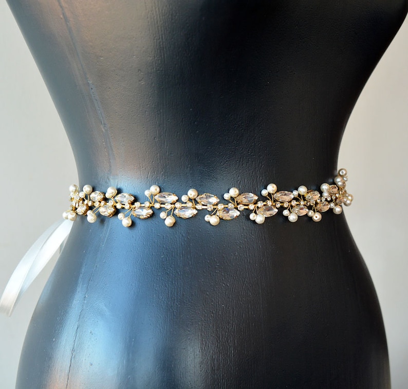 Wedding Sash Belt Gold Crystal Belt Pearls Wedding Dress Etsy