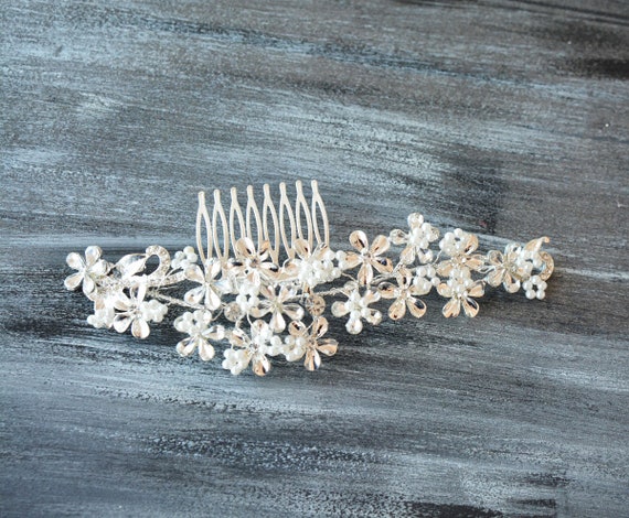 Silver Rhinestone and Pearl Flower Bridal Hair Comb, Wedding 