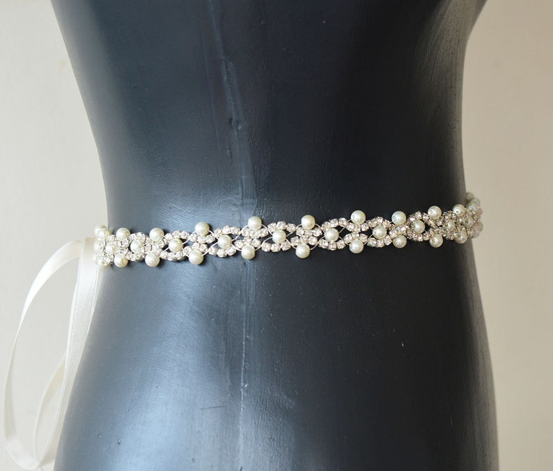 Handmade Pearl Belt for Wedding Dress, Pearl and Rhinestone Vintage Style Bridal Thin Bridal Belt, Wedding Accessories image 7