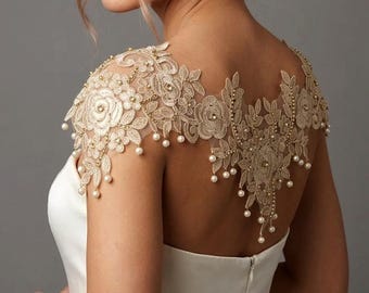 Gold Beige Lace Shoulder Necklace, Rhinestone and Pearl