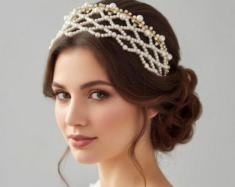 1920s Wedding Tiara Headpiece, Pearl and Rhinestone Hair Piece Accessories