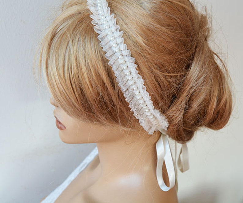 Bridesmaid Headband, Ivory Lace and Pearl Headpiece, Prom Hair Accessories, Pearl Wedding Hair Piece, Bridal Hair Vine, Halo Hair Band image 4