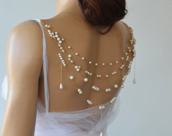 Pearl Back Necklace for Bride, Back And Off Shoulder Piece For Wedding Dres, Detachable Bridal Shoulder Straps