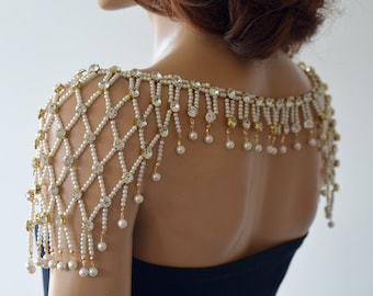 Gold Pearl & Rhinestone Bridal Shoulder Necklace, Wedding Shoulder Jewelry