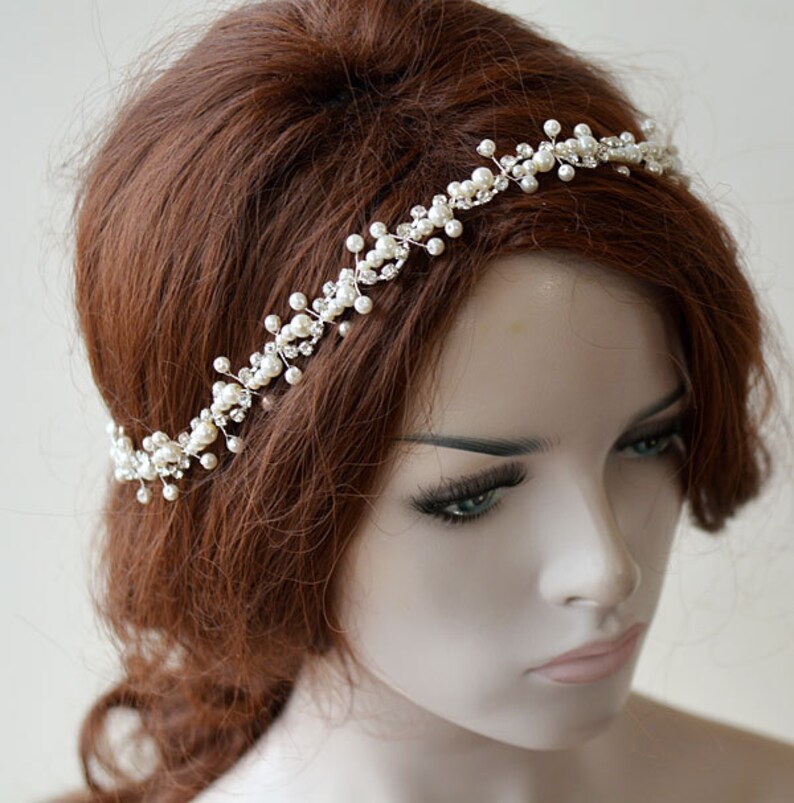 Pearl Wedding Headpiece for Bride, Rhinestone Bridal Hair Accessories 1920s image 3