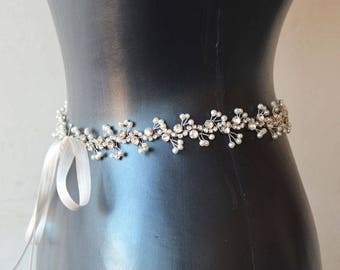 Pearl Rhinestone Bridal Belt: Handmade Satin Ribbon Wedding Sash