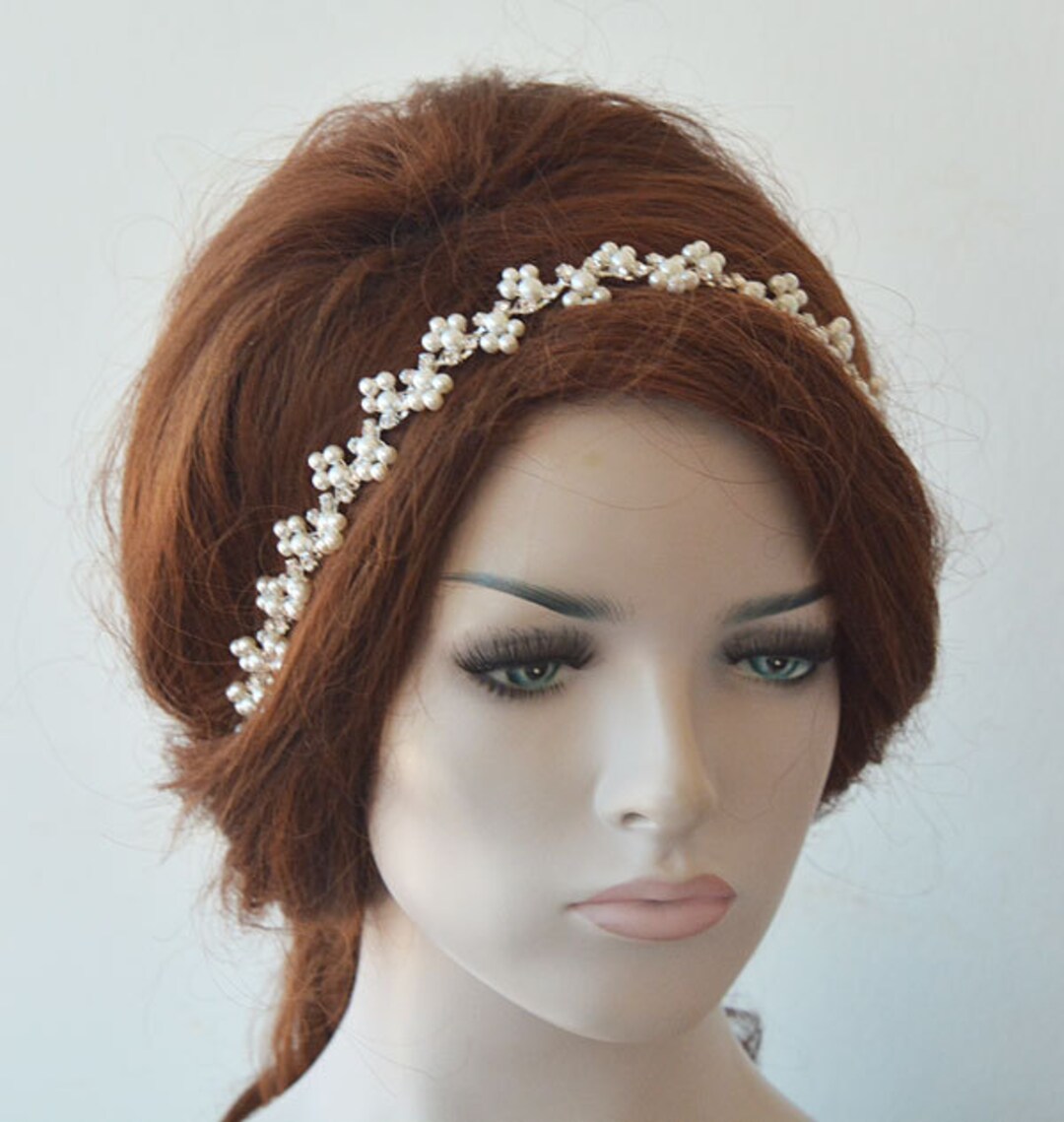 Bridal Pearl Headband, Rhinestone Headpiece, Pearl Hair Vine, Wedding