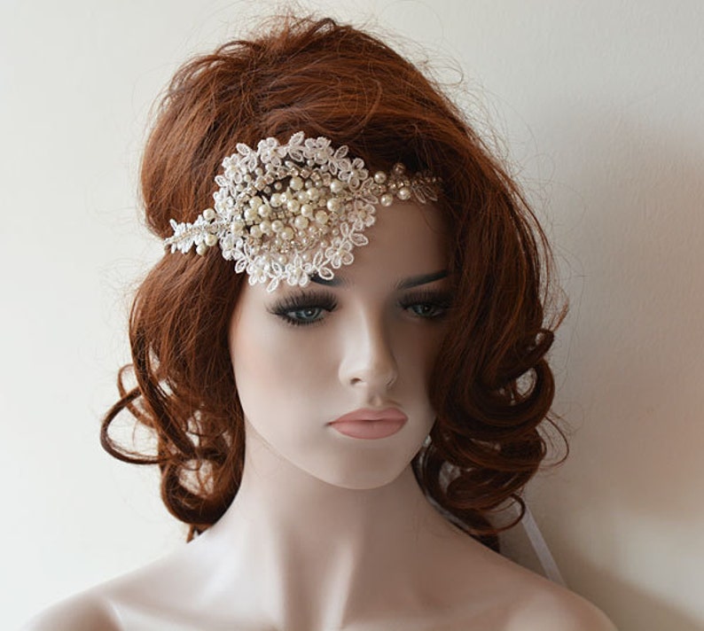 Wedding Head Piece for Bride Lace Headband Lace and Pearl Bridal Forehead Band lace Hair Piece Wedding Headpiece Wedding Lace and Pearl