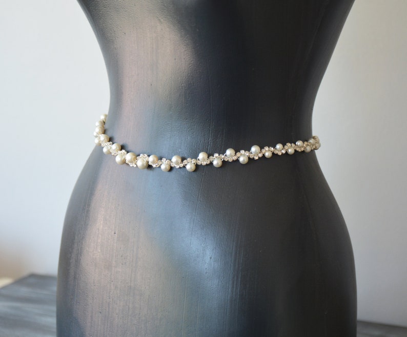 Pearl Bridal Belt, Crystal Wedding Dress Belt, Skinny Bridal Dress Sash, Thin Wedding Belt, Bridal Sash Belt, Bridesmaid Belt, for Wedding image 2