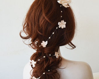 Bridal Flower Long Hair Vine, Beige fabric flower and Pearl Vine, Wedding hairpiece, Floral Bridal Hair Accessories, Bridal halo Headband