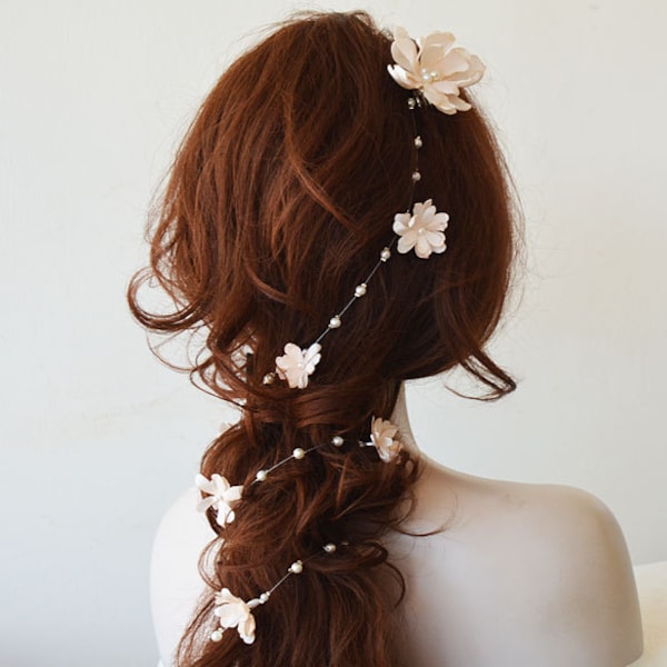 Bridal Flower Long Hair Vine, Beige fabric flower and Pearl Vine, Wedding hairpiece, Floral Bridal Hair Accessories, Bridal halo Headband