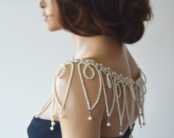 Pearl & Rhinestone Bridal Shoulder Necklace, Wedding Jewelry