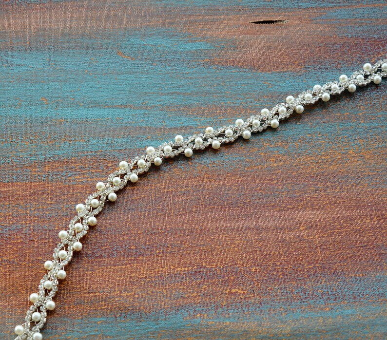 Handmade Pearl Belt for Wedding Dress, Pearl and Rhinestone Vintage Style Bridal Thin Bridal Belt, Wedding Accessories image 9