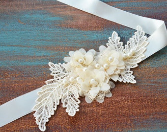 Beige Flower Sash Belt, Flower girl Sash Belt, Wedding Dress Belt, Flower Belt Sash, Bridal Belt, Wedding Sash Belt, Ivory sash, flower Belt