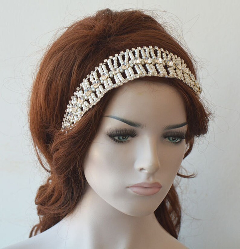 Crystal and Pearl Hair Piece Vine Headband Pearl Headpiece Bridal Forehead Band Bridal Pearl Headband Wedding Hair Accessories
