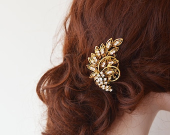 Gold Rhinestone Hair Clip, Vintage Inspiration Brooch Comb, Wedding Hair Accessories