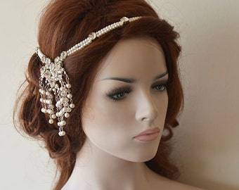 Pearl Hair Chain for Wedding, Bridal Hair Chain 1920s Gatsby Headband, Rhinestone Bridal Headpiece, Hair Piece, Wedding Hair Accessories