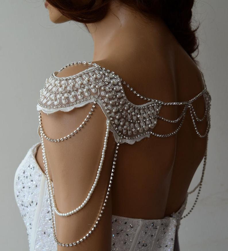 Lace Shoulder Necklace, wedding Shoulder Jewelry, Bridal Rhinestone Shoulder, Pearl Wedding Jewelry for Bride, Wedding Dress Body Jewelry image 9