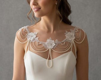 Lace and Pearl Shoulder Bridal Necklace, Handmade Wedding Dress Accessory