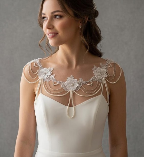 Lace and Pearl Shoulder Bridal Necklace, Handmade Wedding Dress Accessory
