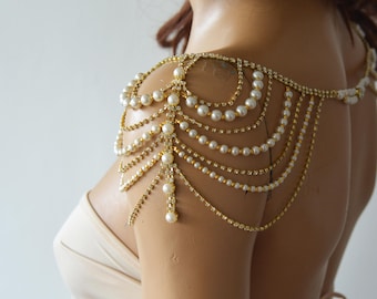 Wedding Shoulder Necklace, Pearl and Rhinestone Bridal Jewelry Accessories
