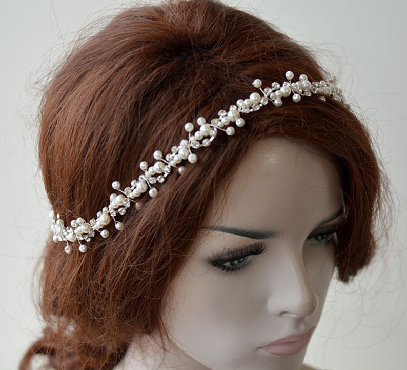 Pearl Wedding Headpiece for Bride, Rhinestone Bridal Hair Accessories 1920s image 4