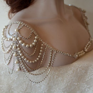 Wedding Shoulder Necklace, Pearl Shoulder Jewelry For Bridal, Crystal Wedding Dress Shoulder Necklace, Body Accessory For Wedding Dress image 5