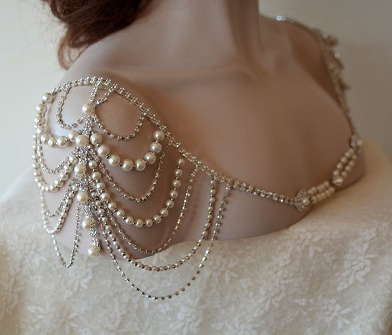 Wedding Shoulder Necklace, Pearl Shoulder Jewelry For Bridal, Crystal Wedding Dress Shoulder Necklace, Body Accessory For Wedding Dress image 5