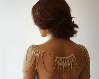 Handmade Ivory Lace & Gold Crystal Bridal Shoulder Necklace
