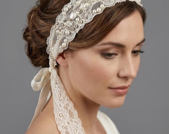 Pearl Lace Bridal Headband, Vintage Wedding Handmade Headpiece, Romantic Bridal Hairpiece