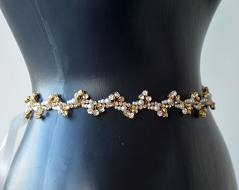 Pearl and Crystal Belt For Wedding Dress, Bridal Skinny Sash Belt, Wedding Day Gift