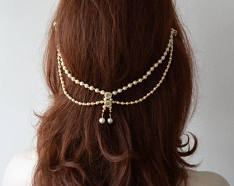Crystal and Pearl Bridal Head Chain,  Wedding Hair Accessories