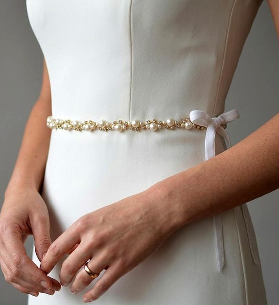 Handmade Pearl Bridal Belt: Gold Wedding Dress Sash