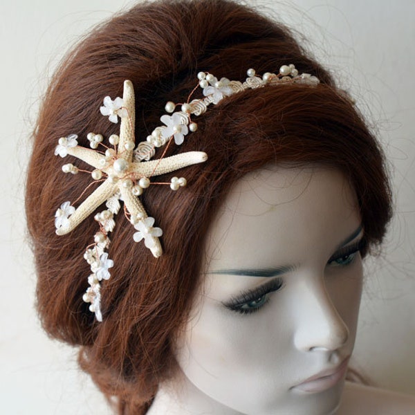 Beach Wedding SeaShell Headpiece, Beach Pearl Hair Vine, Mermaid Hair Flower Crown, Bridal Starfish Hair Accessories, Mermaid Hair Piece