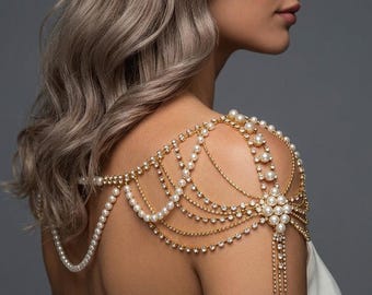 Collar de perlas y diamantes de imitación para el hombro, cadena corporal para bodas, elegante accesorio nupcial.