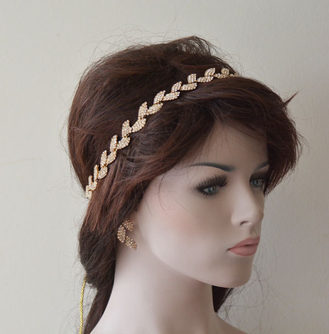 Wedding Gold Rhinestone Leaf Headband Bridal Hair image 1
