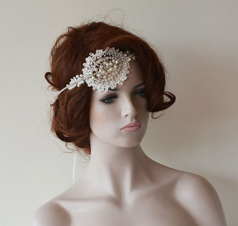 Wedding Head Piece for Bride Lace Headband Lace and Pearl Bridal Forehead Band lace Hair Piece Wedding Headpiece Wedding Lace and Pearl