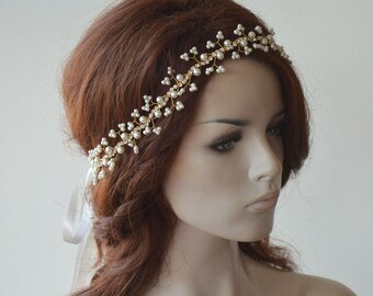 Wedding Hair Piece, Bridal Pearl Headband, Gold Rhinestones Headpiece, Silver Halo Hair Vine, Bridal Hair Accessories, Wedding Hair Bride,