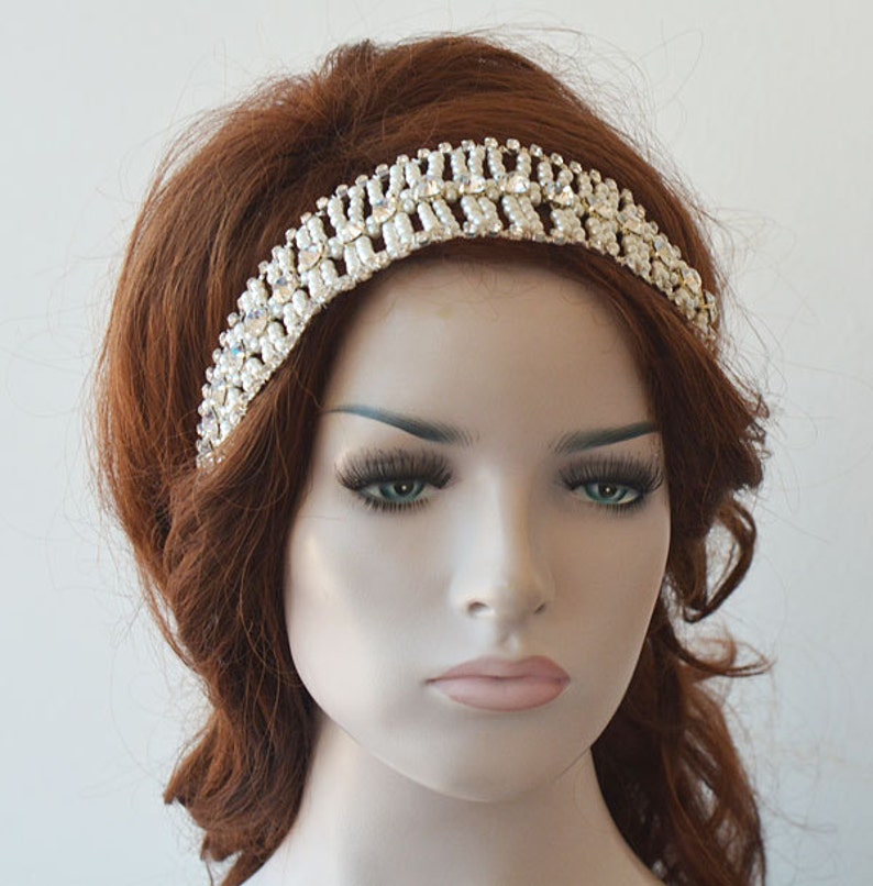 Crystal and Pearl Hair Piece Vine Headband Pearl Headpiece Bridal Forehead Band Bridal Pearl Headband Wedding Hair Accessories