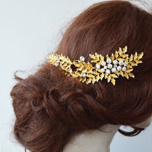 Floral Gold Wedding Hair Comb, Bridal Crystal Leaf Hair Accessories