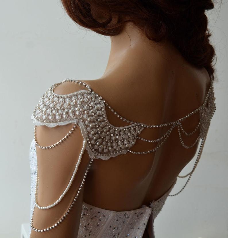 Lace Shoulder Necklace, wedding Shoulder Jewelry, Bridal Rhinestone Shoulder, Pearl Wedding Jewelry for Bride, Wedding Dress Body Jewelry image 7