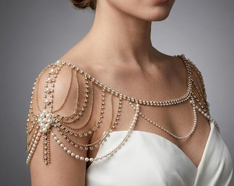 Handgemaakte parel bruids schouderketting: gouden bodyketting trouwsieraden